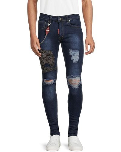 Elie Balleh Leopard Patch Distressed Jeans - Blue