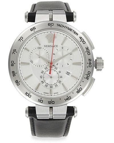 Versace Aion Chrono 45mm Stainless Steel & Leather Strap Watch - Gray