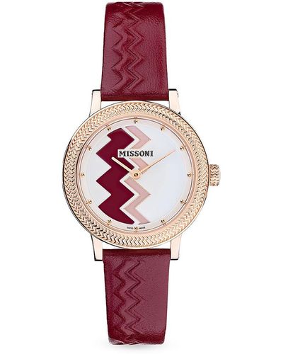 Missoni Optic Zigzag 35mm Leather Strap Watch - Red