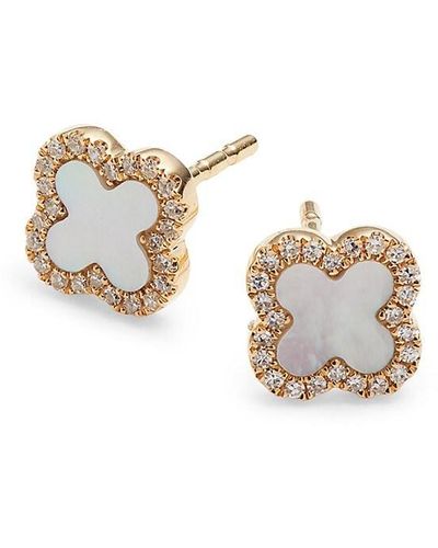 Saks Fifth Avenue Saks Fifth Avenue 14k Yellow Gold, Diamond & Mother Of Pearl Clover Stud Earrings - White