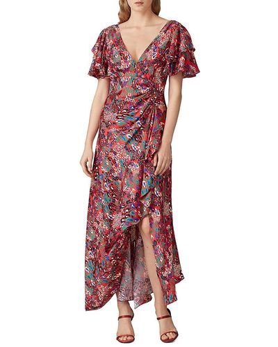 Tanya Taylor Leopard Print V Neck Silk Midi Dress - Red