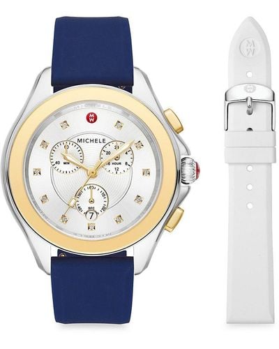 Michele Cape 38mm Two Tone Stainless Steel & Silicone Strap Chrono Watch Set - Blue