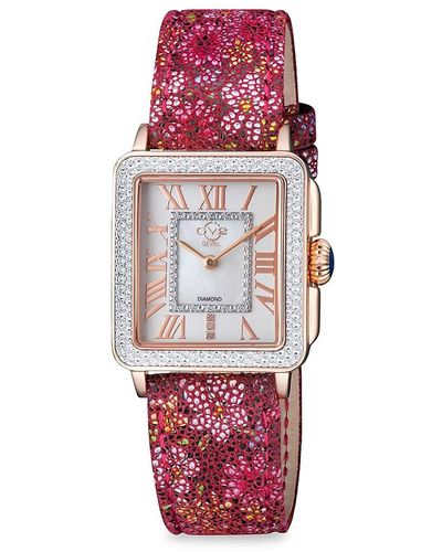 Gv2 Padova Floral 27mm Stainless Steel Case, Leather Strap & 0.015 Tcw Diamond Watch - Red