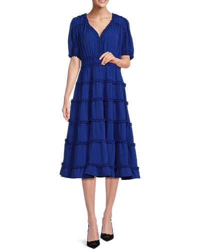 FOCUS BY SHANI Ruffle Trim Tiered Midi Dress - Blue