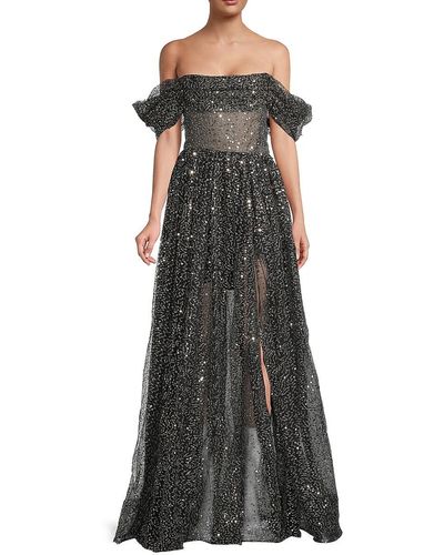 Rasario Off-the-shoulder Draped Sequined Tulle Gown - Black