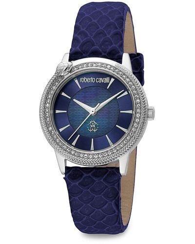 Roberto Cavalli 32mm Stainless Steel, Crystal, Mother Of Pearl & Leather Strap Watch - Blue