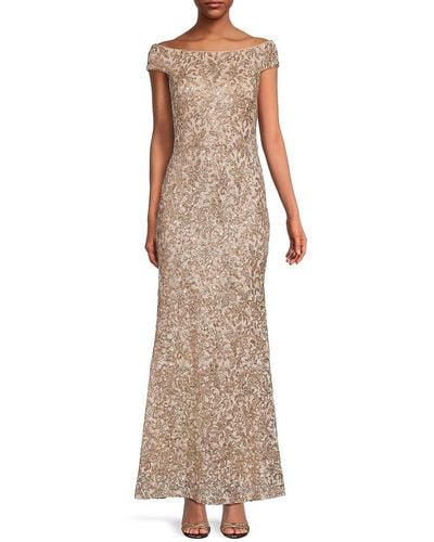 Vince Camuto Off Shoulder Lace Fit & Flare Gown - Natural