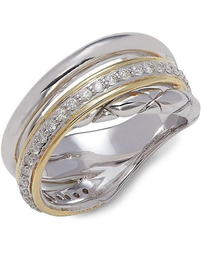 Judith Ripka Two Tone 14k Yellow Gold, Sterling Silver & 0.42 Tcw Diamond Crossover Ring - White