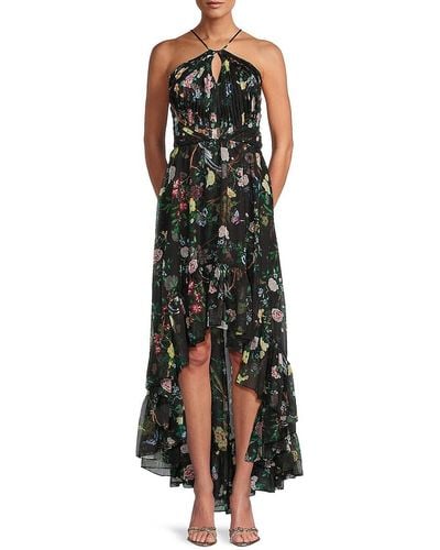 Marchesa Floral Keyhole High Low Maxi Dress - Black