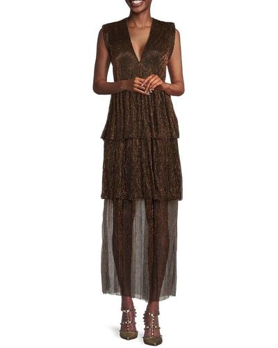 MELLODAY Metallic Tiered Maxi Dress - Brown