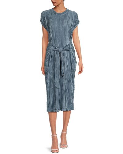 Andrew Marc Pleated Belted Midi Dress - Blue