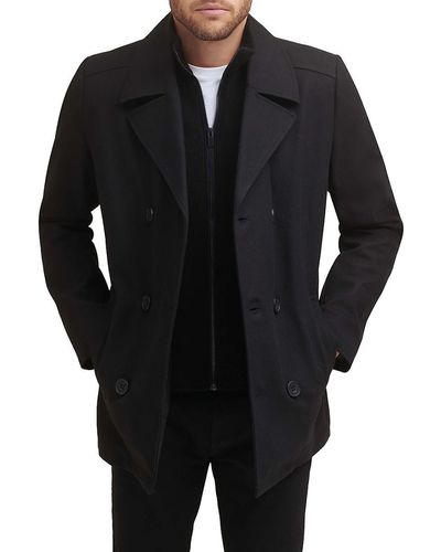 Kenneth Cole Double Breasted Bib Peacoat - Black