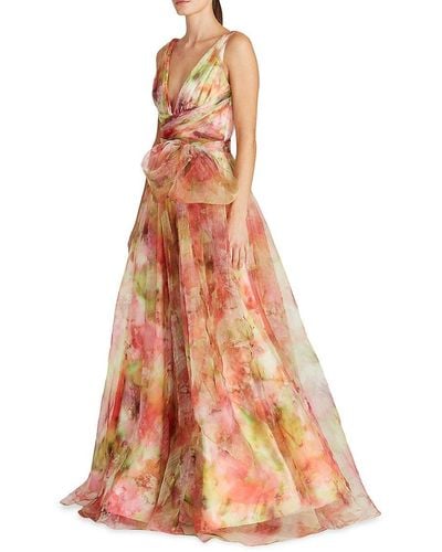 THEIA Faye Painterly Bow Organza Gown - Pink