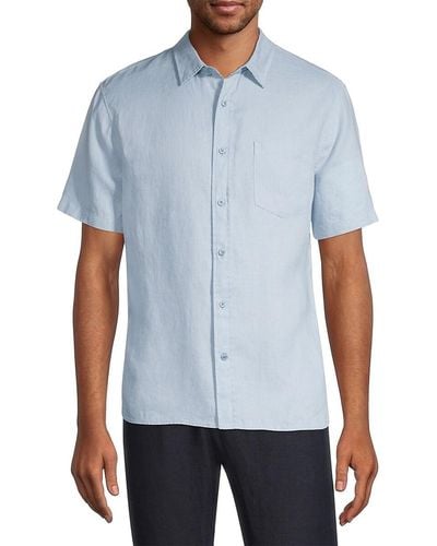 Vince Linen Short Sleeve Button Down Shirt - Blue