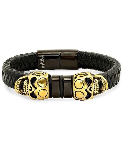 Anthony Jacobs 18k Goldplated & Leather Braided Skull Bracelet - Black