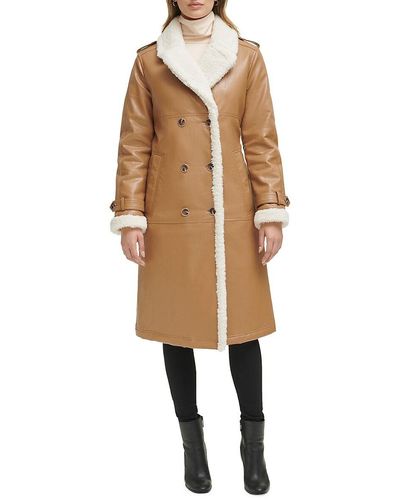 Kenneth Cole Faux Shearling Trim Double Breasted Coat - Natural