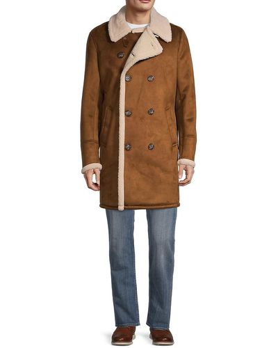 Guess Double-breasted Faux Shearling Long Coat - Brown