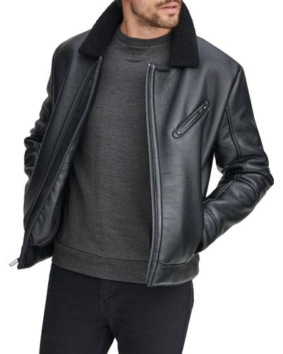 Andrew Marc Faux Fur-trim Spread Collar Faux Leather Jacket - Black