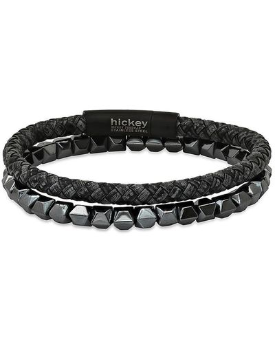 Hickey Freeman 2-piece Hematite & Vegan Leather Bracelet Set - Black