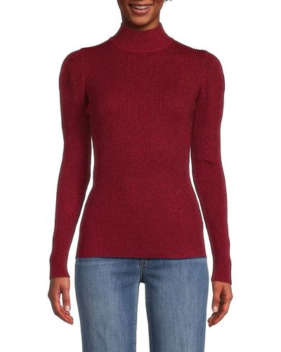 Elie Tahari T Tahari Metallic Puff Sleeve Sweater - Red