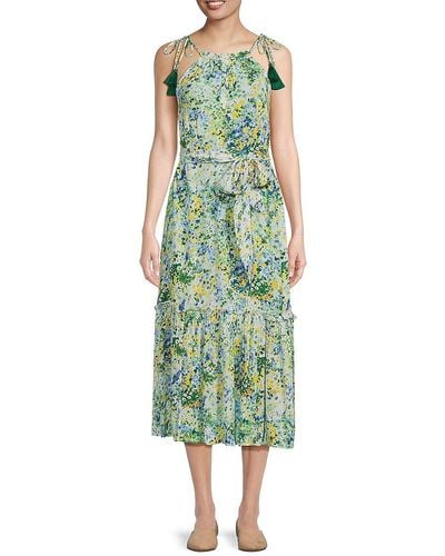CELINA MOON Floral Tie Shoulder Midi Dress - Green