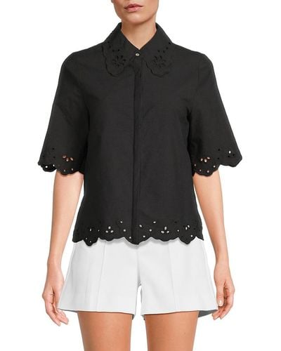 Saks Fifth Avenue Short Sleeve Embroidered Button Down Shirt - Black