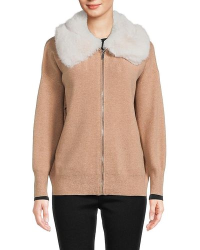 Saks Fifth Avenue Faux Fur Collar Cardigan - Natural