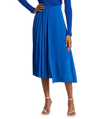 St. John Silk Pleated Midi Skirt - Blue