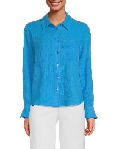 Saks Fifth Avenue Gauze Long Sleeve Button Down Shirt - Blue