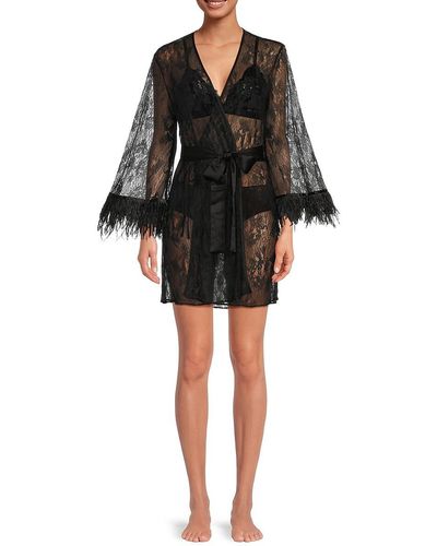 Rya Collection Lace Feather Trim Robe - Black
