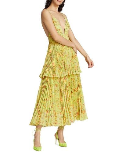 AMUR Nico Floral Pleated Tiered Midi Dress - Yellow