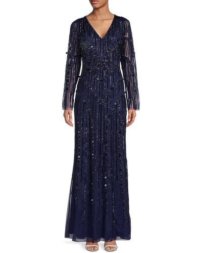 Aidan Mattox Long Sleeve Beaded Mermaid Gown - Blue