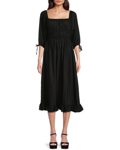 Avec Les Filles Linen Blend A-line Midi Dress - Black