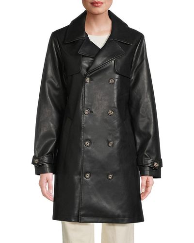 Noize Double Breasted Faux Leather Coat - Black