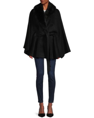 Sofia Cashmere Wool Blend & Shearling Wrap Cape Coat - Black
