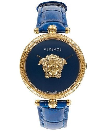 Versace Palazzo Empire 39mm Ip Yellow Goldtone Stainless Steel & Leather Strap Watch - Blue