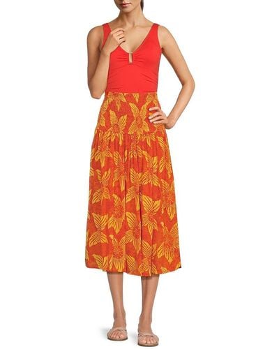 Tiare Hawaii Havana Floral Smocked Waist Midi Cover Up Skirt - Orange