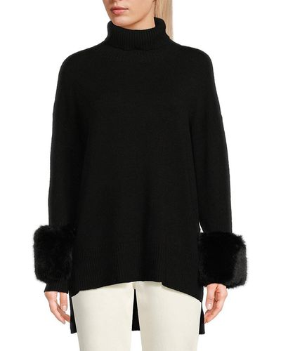 Saks Fifth Avenue Saks Fifth Avenue Faux Fur Cuff Turtleneck Sweater - Black