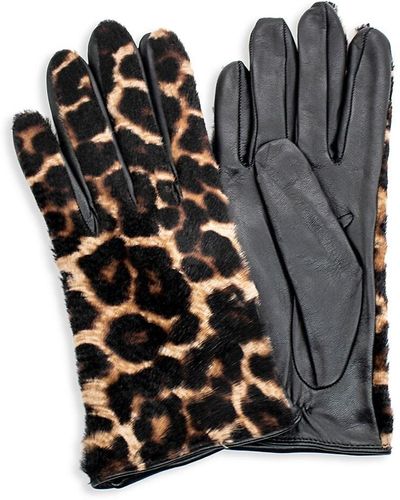 Portolano Leather & Leopard Print Pony Hair Calf Tech Gloves - Multicolour