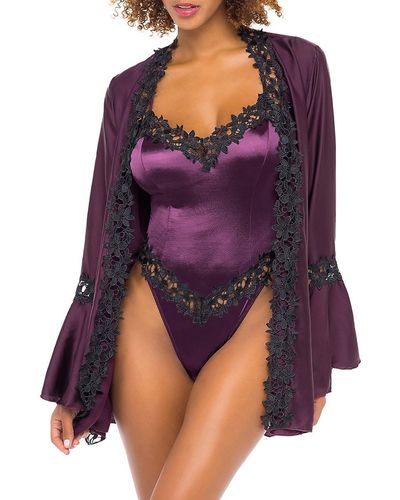 Oh La La Cheri Thea Lace Trim Satin Robe - Purple