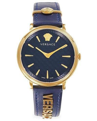 Versace 38mm Ip Goldtone Stainless Steel & Leather Strap Watch - Blue
