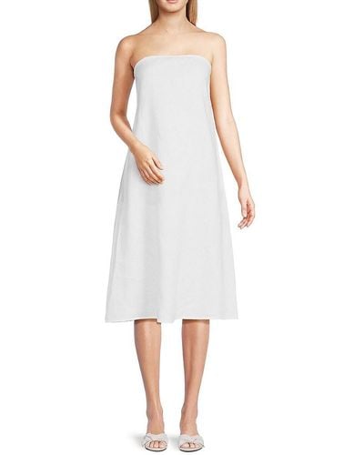 Saks Fifth Avenue Bandeau Neck 100% Linen Knee Length Dress - White