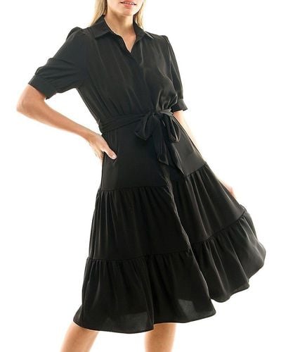 Nicole Miller Tiered Midi A Line Shirt Dress - Black