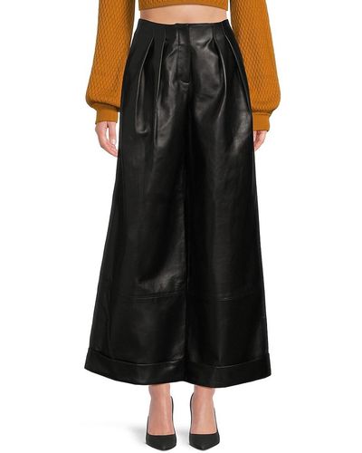 Brandon Maxwell Leather Pleated Wide Leg Trousers - Black