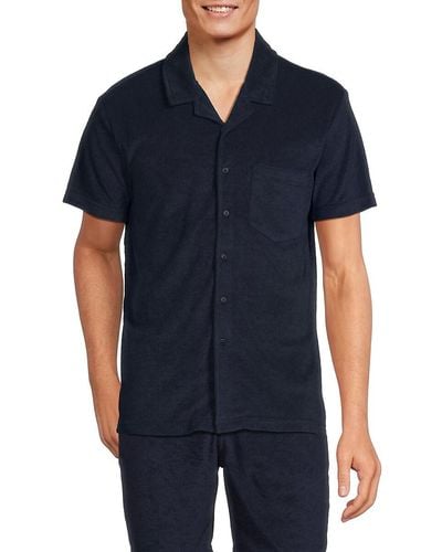 Vintage Summer Solid Short Sleeve Shirt - Blue