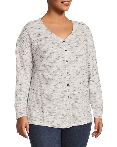 Dex Plus Long-sleeve Button-front Rib-knit Top - Gray