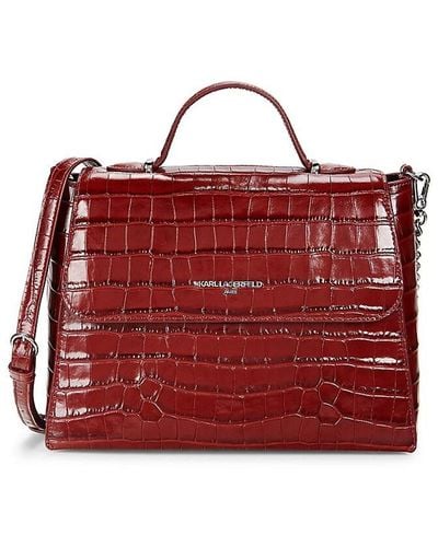 Karl Lagerfeld Charlotte Croc Embossed Leather Satchel - Red
