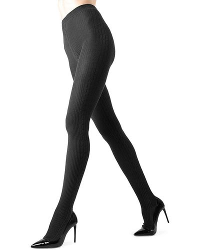 Memoi Side Cable-Knit Sweater Tights - Black