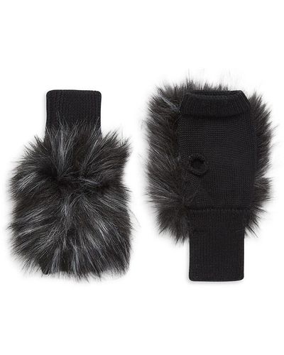 Jocelyn Texty Time Faux Fur & Knit Fingerless Mittens - Black