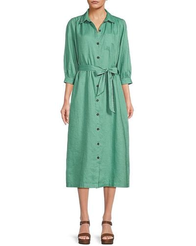 Saks Fifth Avenue 100% Linen Belted Midi Shirtdress - Green
